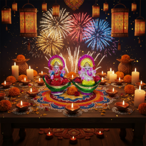 Premium Translucent Clay Lakshmi Ganesha on Lotus Throne - Divine Temple Idol Pair