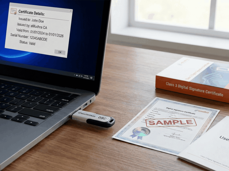 Digital signature certificate displayed on laptop screen with secure authentication document