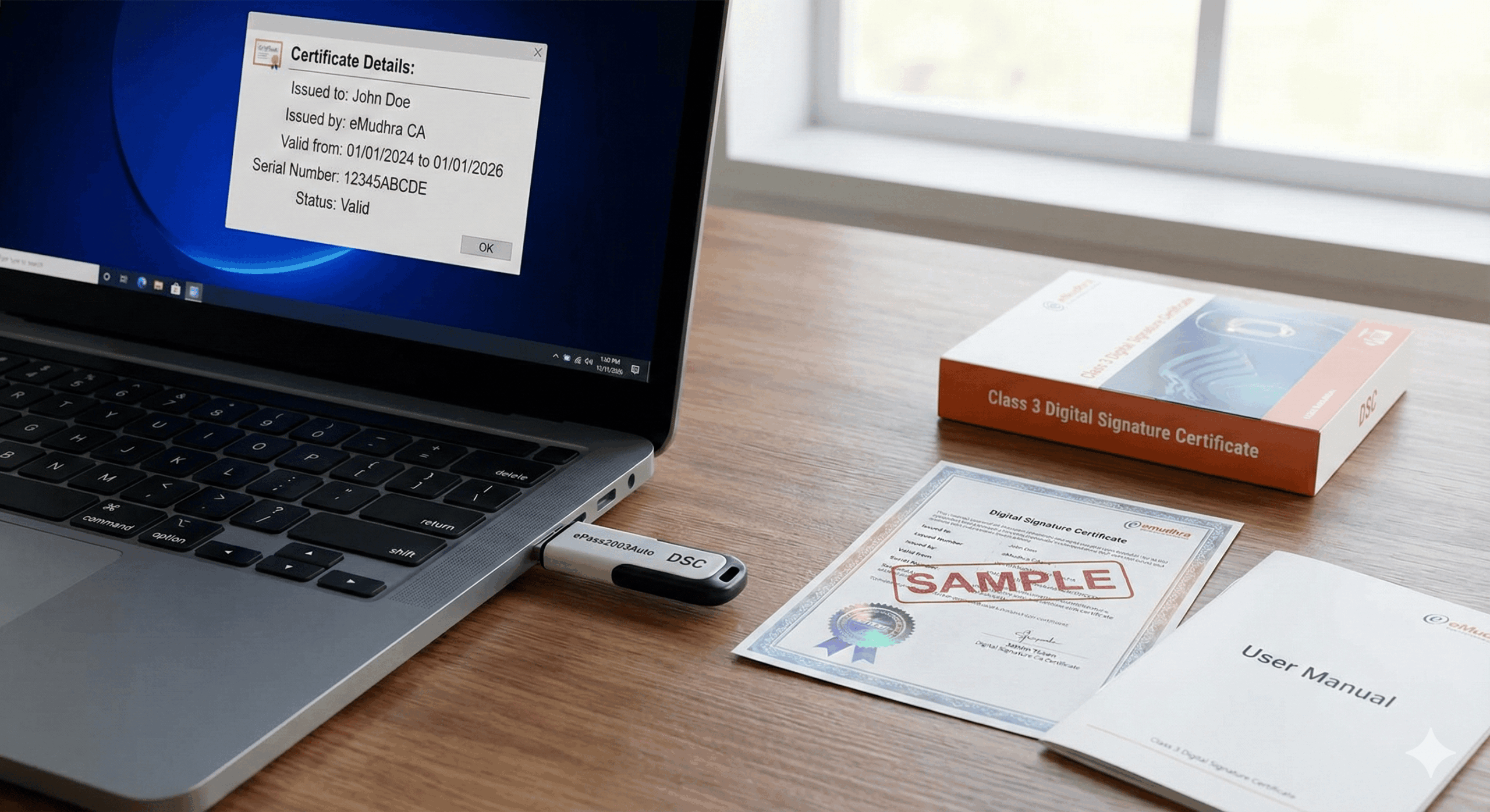 Digital signature certificate displayed on laptop screen with secure authentication document