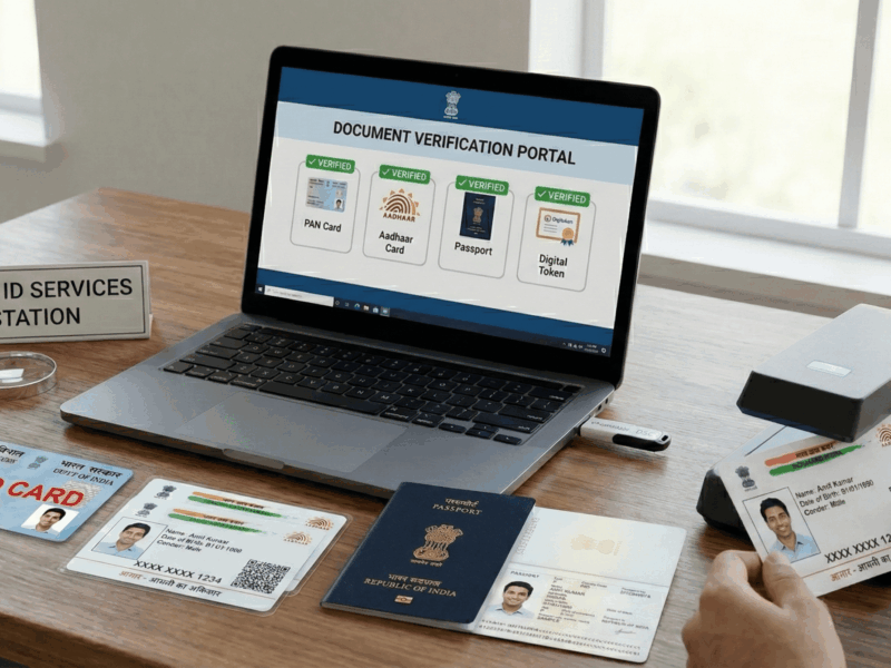 Document verification interface with laptop and documents
