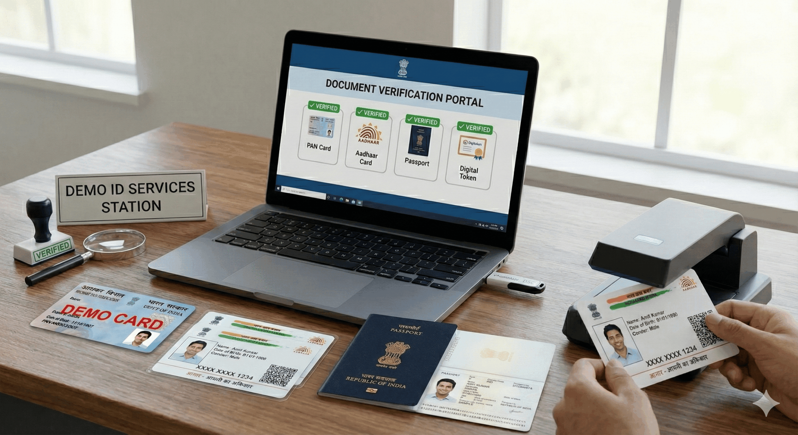 Document verification interface with laptop and documents
