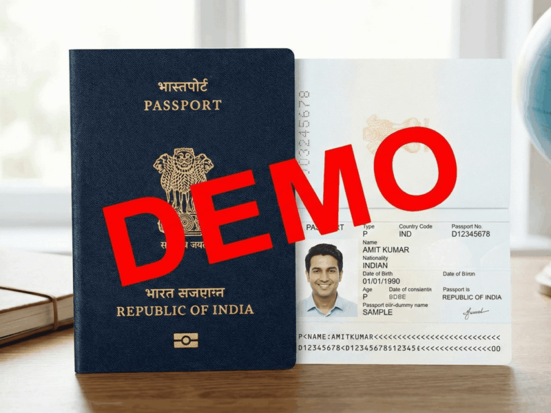 Sample passport document with DEMO watermark for identification verification