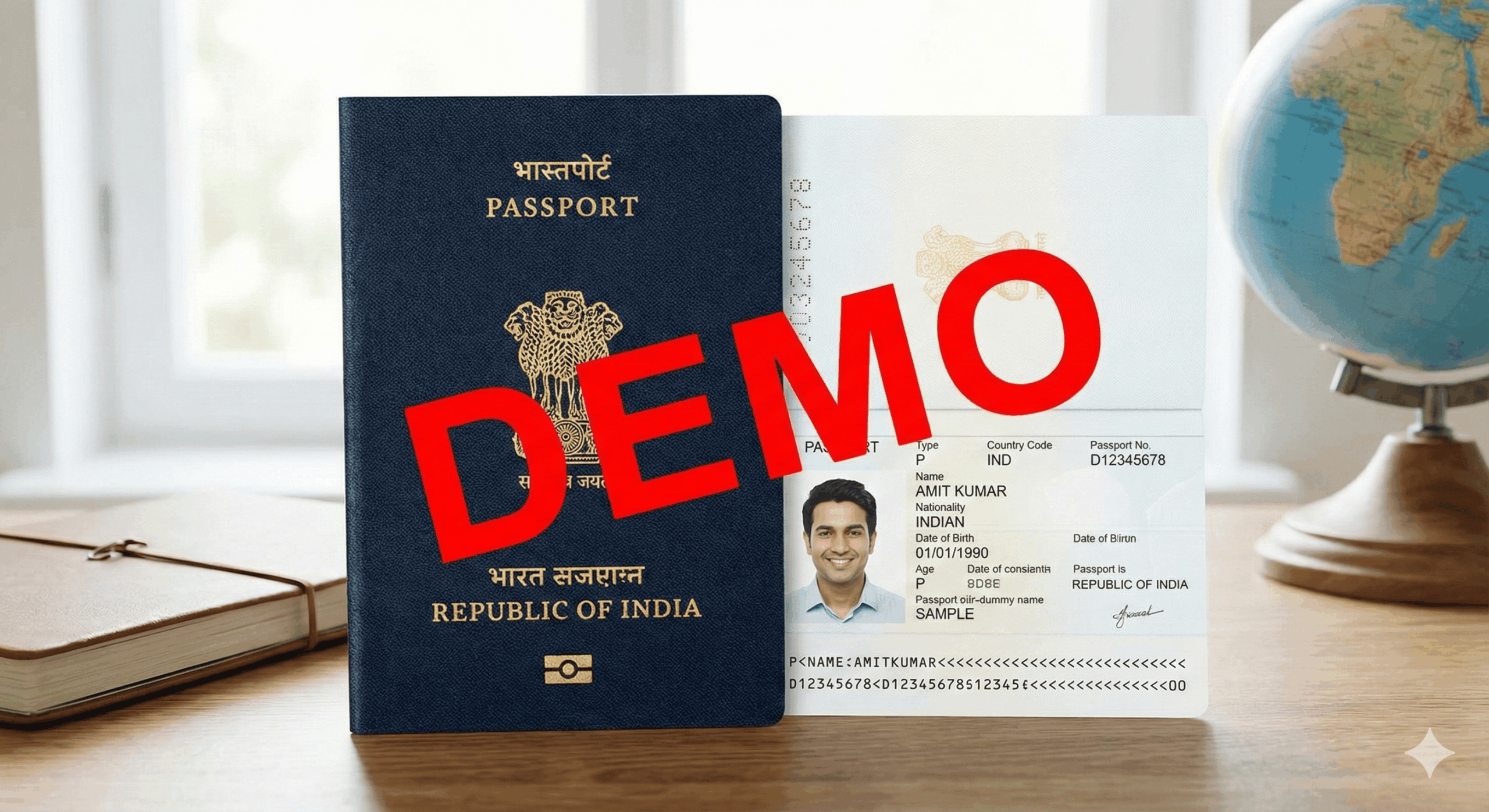 Sample passport document with DEMO watermark for identification verification